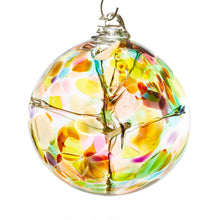 Load image into Gallery viewer, Hand blown glass witch ball. Purple, blue, yellow, red, orange, green, and white glass. Colour combination is called &quot;Multi.&quot;