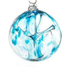 Load image into Gallery viewer, Hand blown glass witch ball. Teal blue glass. Colour combination is called &quot;Ocean Wave.&quot;