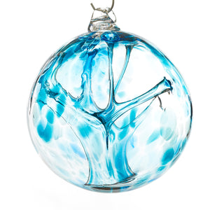 Hand blown glass witch ball. Teal blue glass. Colour combination is called "Ocean Wave."