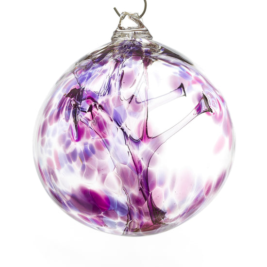 Load image into Gallery viewer, Hand blown glass witch ball. Purple and cranberry glass. Colour combination is called &amp;quot;Amethyst.&amp;quot;
