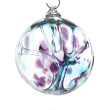 Load image into Gallery viewer, Hand blown glass witch ball. Teal blue and purple glass. Colour combination is called &quot;Amethyst Teal.&quot;