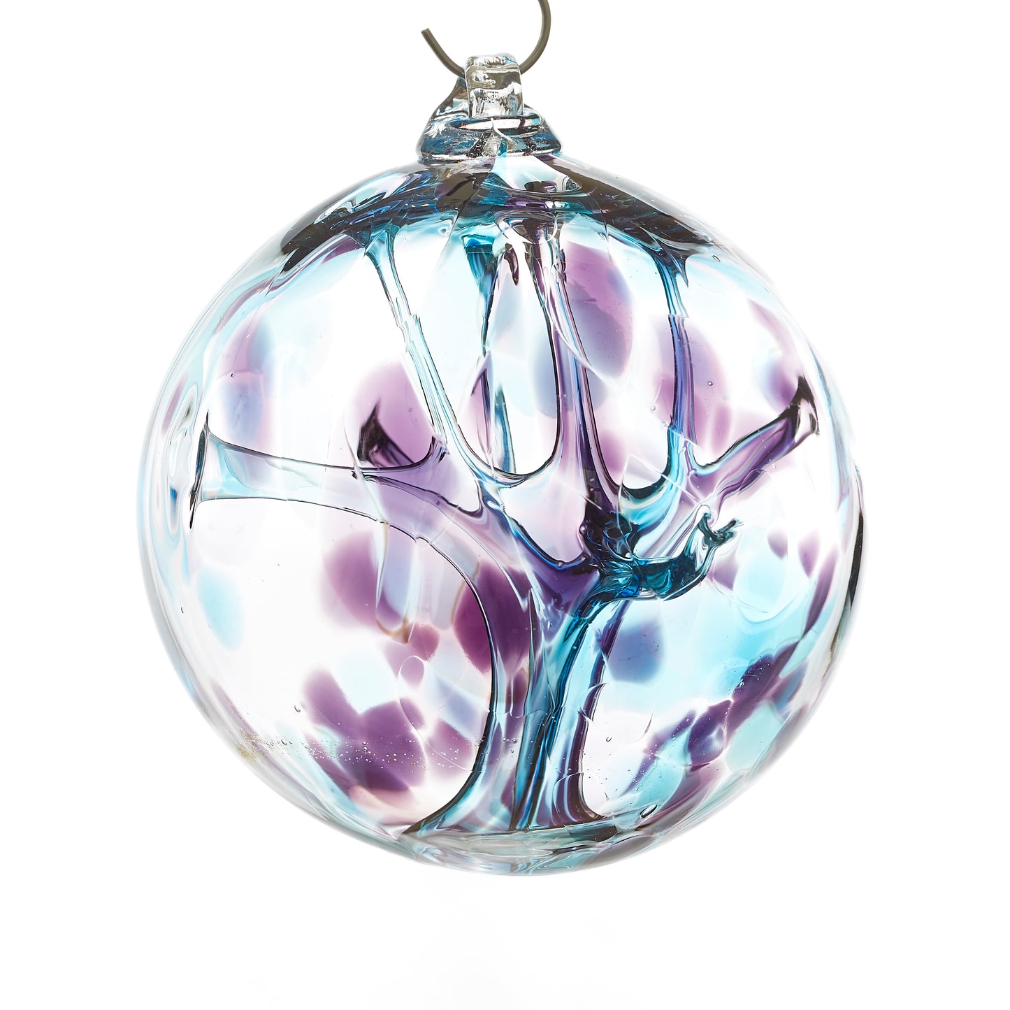 Load image into Gallery viewer, Hand blown glass witch ball. Teal blue and purple glass. Colour combination is called &amp;quot;Amethyst Teal.&amp;quot;
