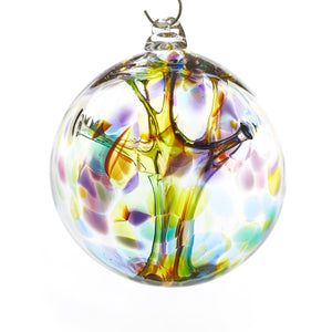 Hand blown glass witch ball. Purple, blue, green, pink, and yellow glass. Colour combination is called "Spring."
