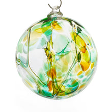 Load image into Gallery viewer, Hand blown glass witch ball. Teal blue, yellow, and green glass. Colour combination is called &quot;Summer.&quot;