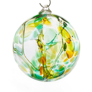 Hand blown glass witch ball. Teal blue, yellow, and green glass. Colour combination is called "Summer."