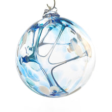 Load image into Gallery viewer, Hand blown glass witch ball. Cobalt blue, teal blue, and white glass. Colour combination is called &quot;Winter.&quot;